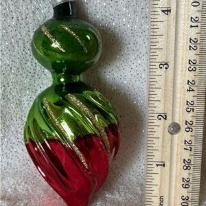 Green and Red Swirl Glass Holiday Ornament with Gold Glitter Accents
